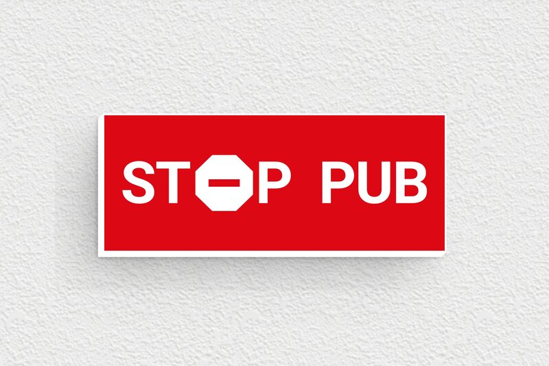 Stop PUB boîte aux lettres - Plaque stop pub - 50 x 20 mm - PVC - rouge-blanc - glue - bal-stoppub-032-1