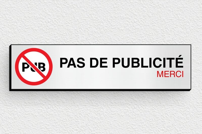 Stop PUB boîte aux lettres - Plaque pas de publicité merci - 80 x 20 mm - PVC - gris-brosse-noir - glue - bal-stoppub-quadri-017-5