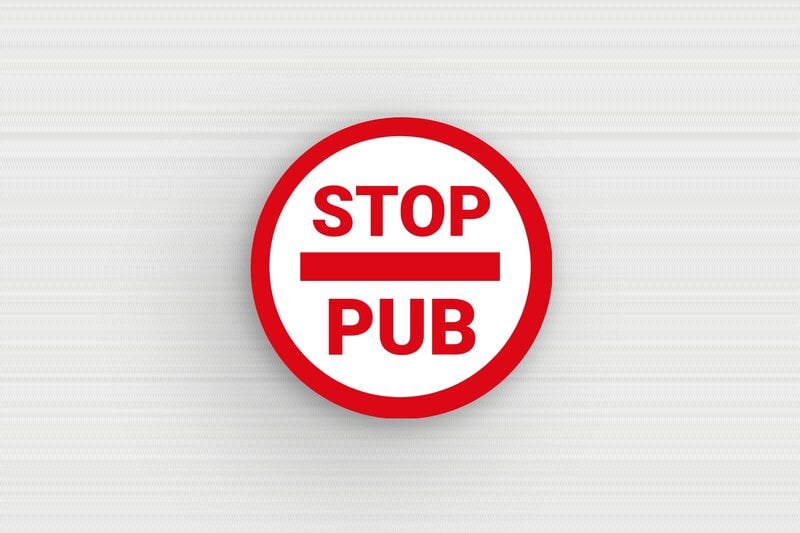 Stop PUB boîte aux lettres - Plaque ronde stop pub - 30 x 30 mm - PVC - blanc-rouge - glue - bl-stoppub-010-1