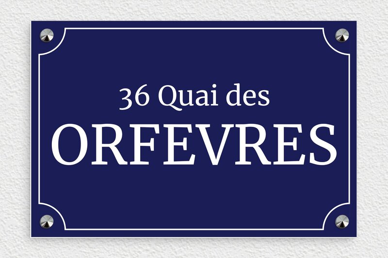 Plaque de rue 36 quai des Orfèvres - PVC - 300 x 200 mm - bleu-marine-blanc - screws-caps - deco-rue-paris-010-1