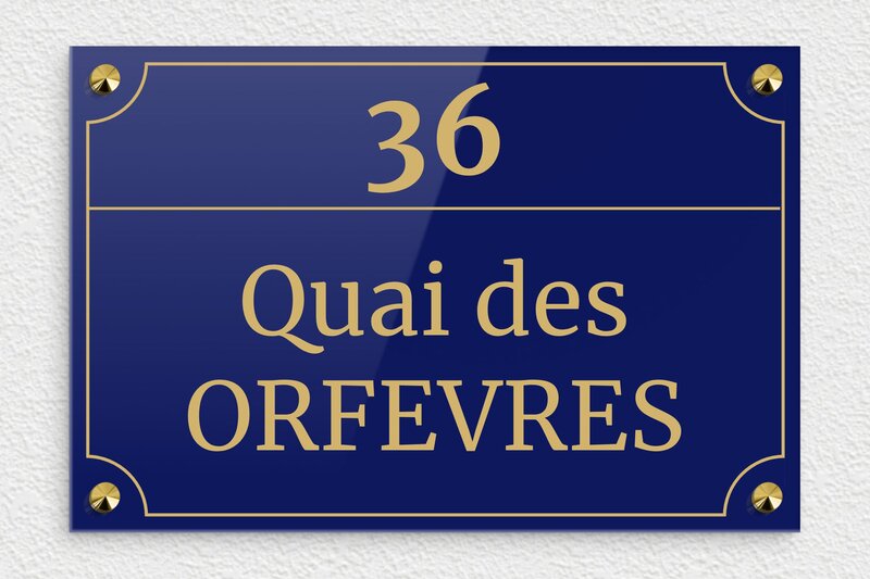 Plaque de rue 36 quai des Orfèvres - Plexiglass - 300 x 200 mm - bleu-or - screws-caps - deco-rue-paris-011-1