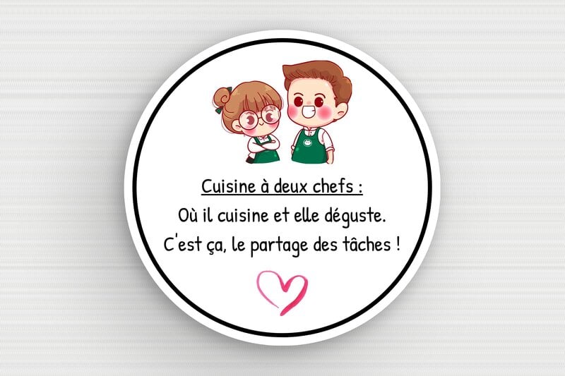 Plaque humour couple dispute - Plaque ronde cuisine à deux chefs - 120 x 120 mm - PVC - custom - glue - humour-couple-056-4