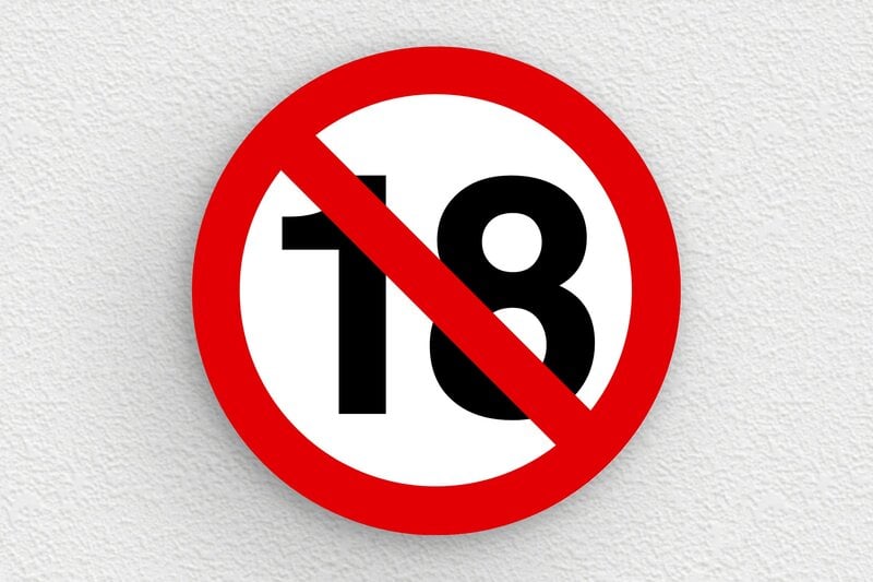 Panneaux de signalisation humoristiques - Plaque ronde interdit aux moins de 18 ans - 100 x 100 mm - PVC - custom - glue - humour-interdit-moins-18ans-001-3