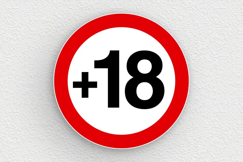 Panneaux de signalisation humoristiques - Plaque ronde +18 ans - 200 x 200 mm - PVC - custom - glue - humour-interdit-moins-18ans-002-3