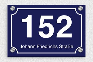 Schild nach Material - de-haus-adresse-schild-019-1 - 210 x 140 mm - bleu-marine-blanc - screws-caps - de-haus-adresse-schild-019-1