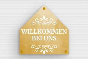 Türschild aus Messing - Holzschild 'Willkommen bei uns' für die Tür - 250 x 250 mm - Messing - poli - screws-spacer - de-haus-tur-schild-messing-003-1