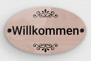 Schild pro branche - Ovales Willkommensschild - 260 x 150 mm - Plexiglas - miroir-rose-noir - screws-caps - de-haus-tur-schild-plexi-003-2