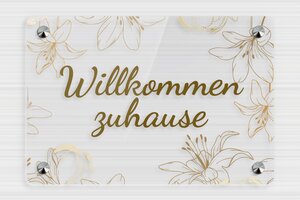 Türschild aus Transparentes Plexiglas - Schild 'Willkommen bei uns mit Blumenmotiv' - 250 x 170 mm - Transparentes Plexiglas - transparent - screws-caps - de-haus-tur-schild-plexi-trans-002-1