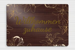 Türschild aus Preiswertes PVC - Schild 'Willkommen bei uns mit Blumenmotiv' - 250 x 170 mm - PVC - noyer-blanc - glue - de-haus-tur-schild-pvc-004-1