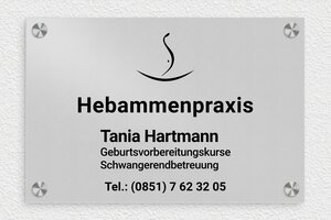 Praxisschild mit Logo - de-hebamme-005-0 - 300 x 200 mm - anodise - screws-caps - de-hebamme-005-0