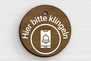 Klingelschild holz - Schild 'Bitte klingeln, bevor Sie eintreten' - 50 x 50 mm - Holz - noyer - holes-only - de-klingel-schild-holz-003-1