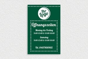 Schild Öffnungszeiten - de-offnung-zeit-schild-003-5 - 200 x 300 mm - vert-sapin-blanc - glue - de-offnung-zeit-schild-003-5