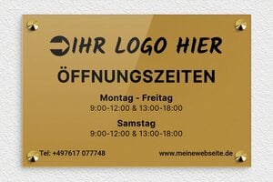 Schild Öffnungszeiten - de-offnung-zeit-schild-geschafft-001-0 - 300 x 200 mm - or-fonce-noir - screws-caps - de-offnung-zeit-schild-geschafft-001-0