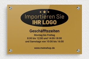 Schild Öffnungszeiten - de-offnung-zeit-schild-geschafft-0012-1 - 300 x 200 mm - or-fonce-noir - screws-spacer - de-offnung-zeit-schild-geschafft-0012-1