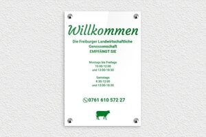 Schild Öffnungszeiten - de-offnung-zeit-schild-geschafft-002-1 - 200 x 300 mm - blanc-vert - screws-caps - de-offnung-zeit-schild-geschafft-002-1