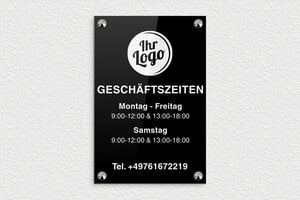 Schild Öffnungszeiten - de-offnung-zeit-schild-geschafft-003-0 - 200 x 300 mm - noir-blanc - screws-caps - de-offnung-zeit-schild-geschafft-003-0