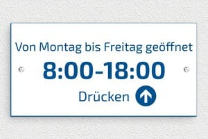 Schild Öffnungszeiten - de-offnung-zeit-schild-geschafft-004-2 - 200 x 100 mm - blanc-bleu - screws - de-offnung-zeit-schild-geschafft-004-2