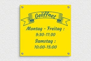 Schild Öffnungszeiten - de-offnung-zeit-schild-geschafft-004-4 - 300 x 300 mm - jaune-bleu - screws-spacer - de-offnung-zeit-schild-geschafft-004-4