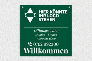 Schild Öffnungszeiten - de-offnung-zeit-schild-geschafft-005-4 - 300 x 300 mm - vert-sapin-blanc - holes-only - de-offnung-zeit-schild-geschafft-005-4