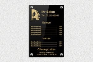 Schild pro branche - de-offnung-zeit-schild-salon-004-0 - 200 x 300 mm - noir-or - screws-caps - de-offnung-zeit-schild-salon-004-0