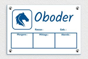 Pferdeschild - de-pfer-futter-name-schild-004-3 - 300 x 200 mm - blanc-bleu - screws-caps - de-pfer-futter-name-schild-004-3