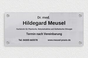 Praxisschild aus Plexiglas - de-praxis-schild-plexi-001-3 - 350 x 150 mm - miroir-argent-noir - screws-caps - de-praxis-schild-plexi-001-3