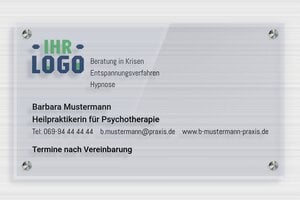 Praxisschilder Psychotherapie - Transparentes Plexi Blau - 350 x 200 mm - bleu - screws-spacer - de-praxis-schild-plexi-trans-006-3