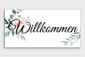 Haustürschilder - Eingangsschild 'Willkommen' mit Blumenmuster - 300 x 150 mm - PVC - custom - glue - de-tur-schild-willkommen-004-1