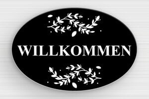 Haustürschilder - Ovales PVC-Türschild mit der Aufschrift 'Willkommen' - 210 x 140 mm - PVC - noir-blanc - glue - de-tur-schild-willkommen-006-2