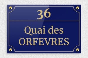 Plaque de rue personnalisée - Panneau déco 36 Quai des Orfèvres - 300 x 200 mm - Plexiglass - bleu-or - screws-caps - deco-rue-paris-011-1