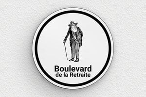 Panneau retraite humour - Plaque ronde Bd de la Retraite - 100 x 100 mm - PVC - gris-noir - none - deco-rue-retraite-003-4