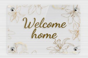 Transparent Acrylic Door Signs - Sign 'Welcome to Our Home with Floral Motif' - transparent - screws-caps - en-uk-house-door-sign-plexi-trans-002-1-1748961434316