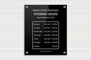 Design Your Own Signs - Engraved Plexiglass - noir-argent - screws-caps - en-uk-opening-time-sign-business-003-1-1748946575385