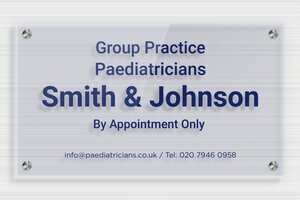 Transparent Acrylic Business Signs - Clear plexiglass Blue - bleu - screws-spacer - en-uk-practice-sign-plexi-trans-004-2-1748958188001