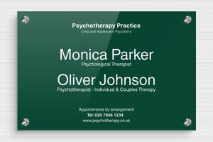 Psychotherapy Business Signs - Engraved Plexiglass - vert-blanc - screws-spacer - en-uk-psychology-practice-sign-003-2-1748955719412