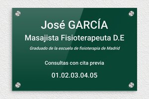 Placas para Fisioterapeutas - Plexiglás grabado - undefined - vert-blanc - screws-caps - es-ppro-masajista-fisio-003-2-1748858064393
