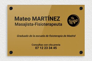 Placas para Fisioterapeutas - Plexiglás grabado - undefined - or-fonce-noir - screws-caps - es-ppro-masajistafisio-001-1-1748857928714
