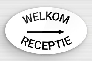 Ovale Plaat - Welkomstbord met pijl naar de receptie - blanc-noir - glue - nl-nl-deur-bord-welkom-007-1-1756796286066