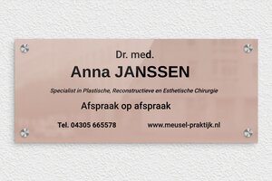 Bedrijfsnaamborden Arts - Bedrukt spiegelplexiglas - miroir-rose-noir - screws-caps - nl-nl-dokterspraktijk-bord-003-4-1756807645670