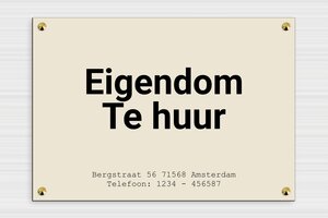 Borden "te huur" - Gegraveerd PVC - ecru-noir - screws-caps - nl-nl-verhuur-bord-003-3-1756800712978 Borden "te huur" - Gegraveerd PVC - ecru-noir - screws-caps - nl-nl-verhuur-bord-003-3-1756800712978