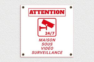 Panneau vidéo surveillance pour propriété privée - Plaque attention maison sous vidéo surveillance - 300 x 300 mm - PVC - blanc-rouge - screws-caps - pa-surveillance-001-4