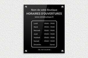 Signalétique pour magasins et commerces - pl-horaireouverture-003-1 - 250 x 300 mm - noir-argent - screws-caps - pl-horaireouverture-003-1