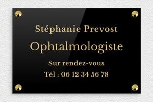 Plaque Ophtalmologue - pl-plexiglas-016-4 - 300 x 200 mm - noir-or - screws-caps - pl-plexiglas-016-4