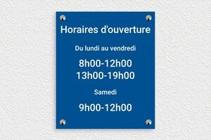 Panneau horaire d'ouverture - plaque-horaire-ouverture-003-2 - 210 x 250 mm - bleu-blanc - screws-caps - plaque-horaire-ouverture-003-2
