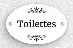 Plaque de porte WC - Toilettes et salle de bains - Plaque toilettes - Plexiglass - Ovale - 105 x 70 mm - 105 x 70 mm - Plexiglass - blanc-noir - screws - plaque-porte-wc-sdb-016-1