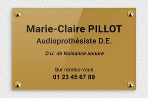 Plaque Audioprothésiste - plaquepro-job-audioprothesiste-001-1 - 300 x 200 mm - or-fonce-noir - screws-caps - plaquepro-job-audioprothesiste-001-1