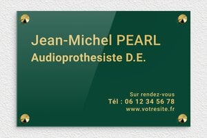 Plaque Audioprothésiste - plaquepro-job-audioprothesiste-002-4 - 300 x 200 mm - vert-or - screws-caps - plaquepro-job-audioprothesiste-002-4