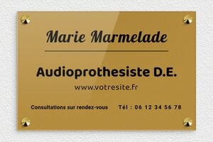Plaque Audioprothésiste - plaquepro-job-audioprothesiste-003-4 - 300 x 200 mm - or-fonce-noir - screws-caps - plaquepro-job-audioprothesiste-003-4
