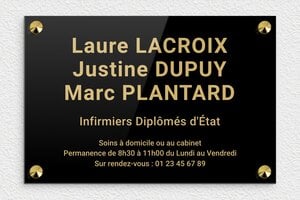 Plaque Professionnelle Plexiglass Noire - plaquepro-job-cabinet-infirmier-004-0 - 300 x 200 mm - noir-or - screws-caps - plaquepro-job-cabinet-infirmier-004-0