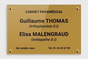 Plaque Professionnelle Plexiglass Or - plaquepro-job-cabinet-paramedical-006-1 - 300 x 200 mm - or-fonce-noir - screws-caps - plaquepro-job-cabinet-paramedical-006-1